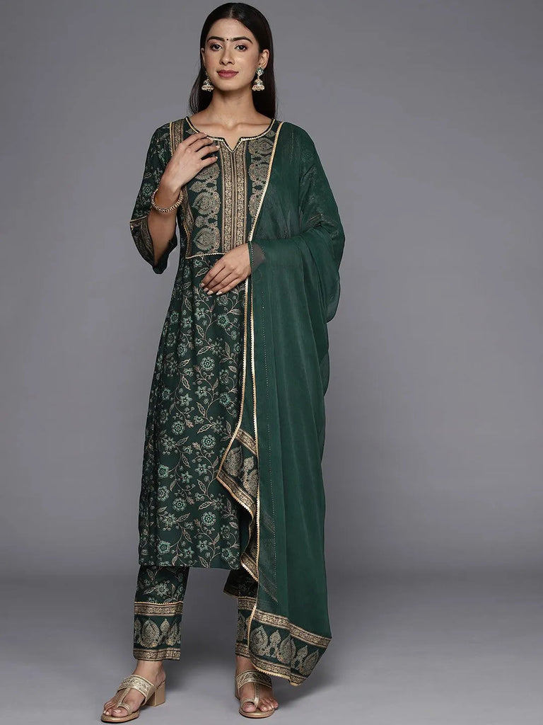 Libas Green Printed Rayon A-Line Kurta With Trousers & Dupatta