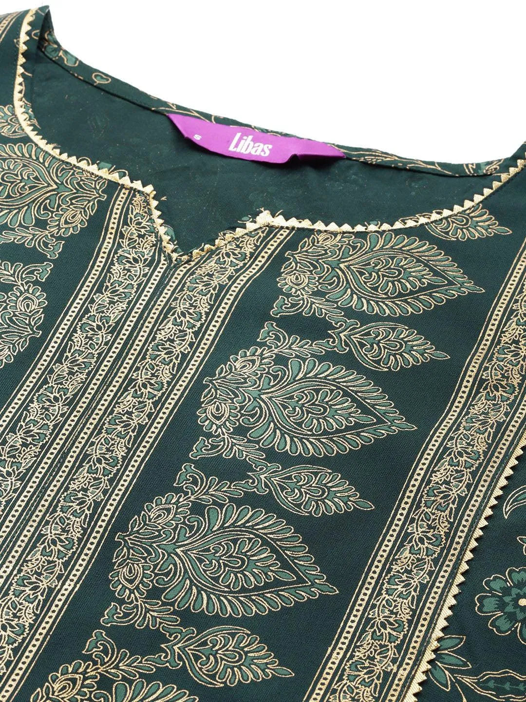 Green Printed Rayon A-Line Kurta With Trousers & Dupatta - Libas 