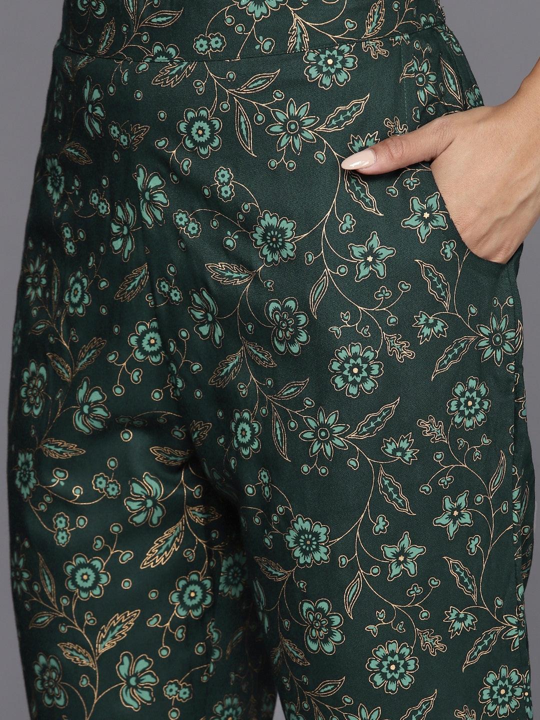 Green Printed Rayon A-Line Kurta With Trousers & Dupatta
