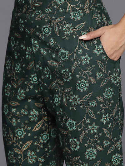 Green Printed Rayon A-Line Kurta With Trousers & Dupatta - Libas
