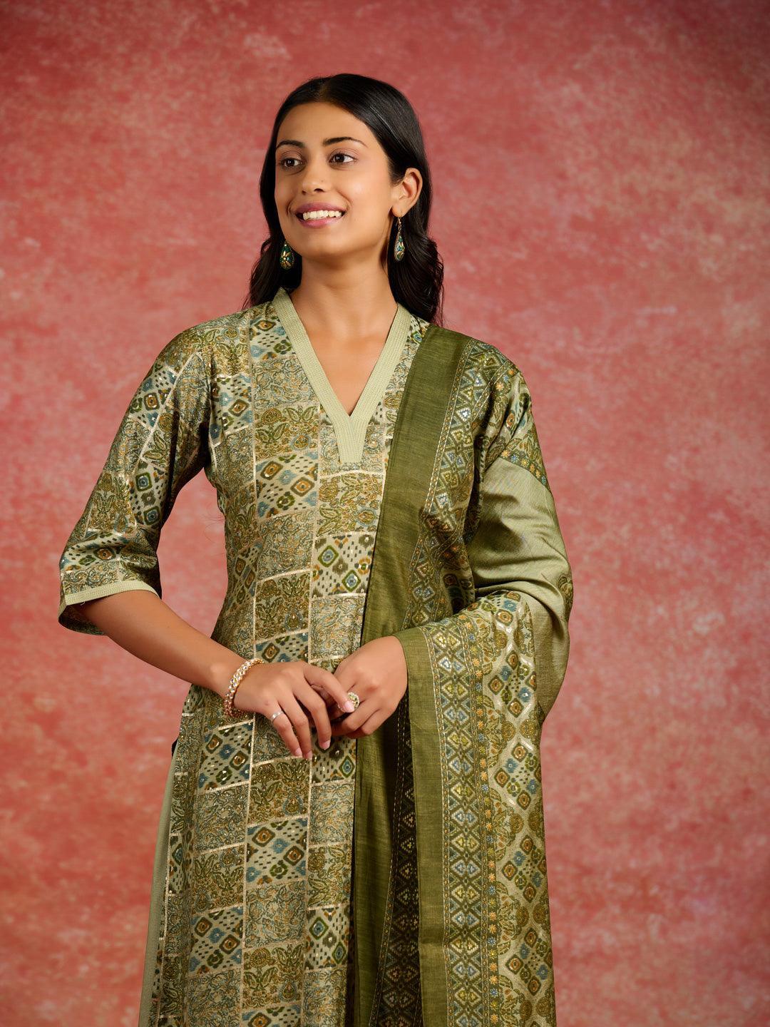 Green Printed Silk Blend Straight Kurta With Salwar & Dupatta - Libas