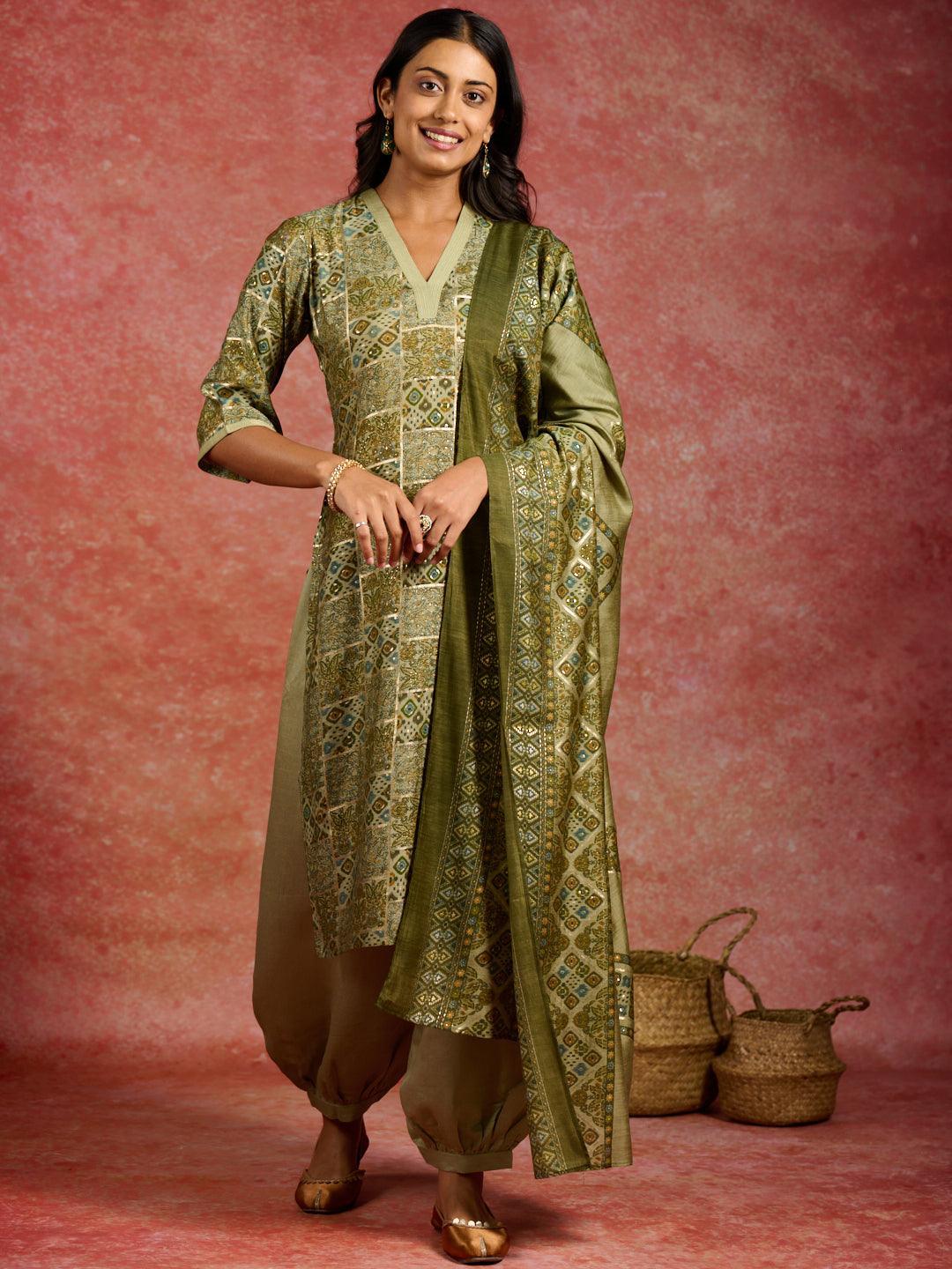 Green Printed Silk Blend Straight Kurta With Salwar & Dupatta - Libas