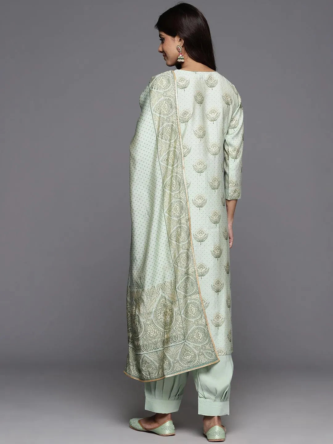 Green Printed Silk Blend Straight Kurta With Trousers & Dupatta - Libas 