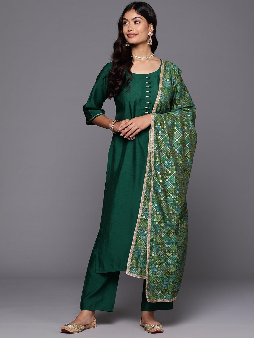 Green Solid Silk Blend Straight Suit With Dupatta