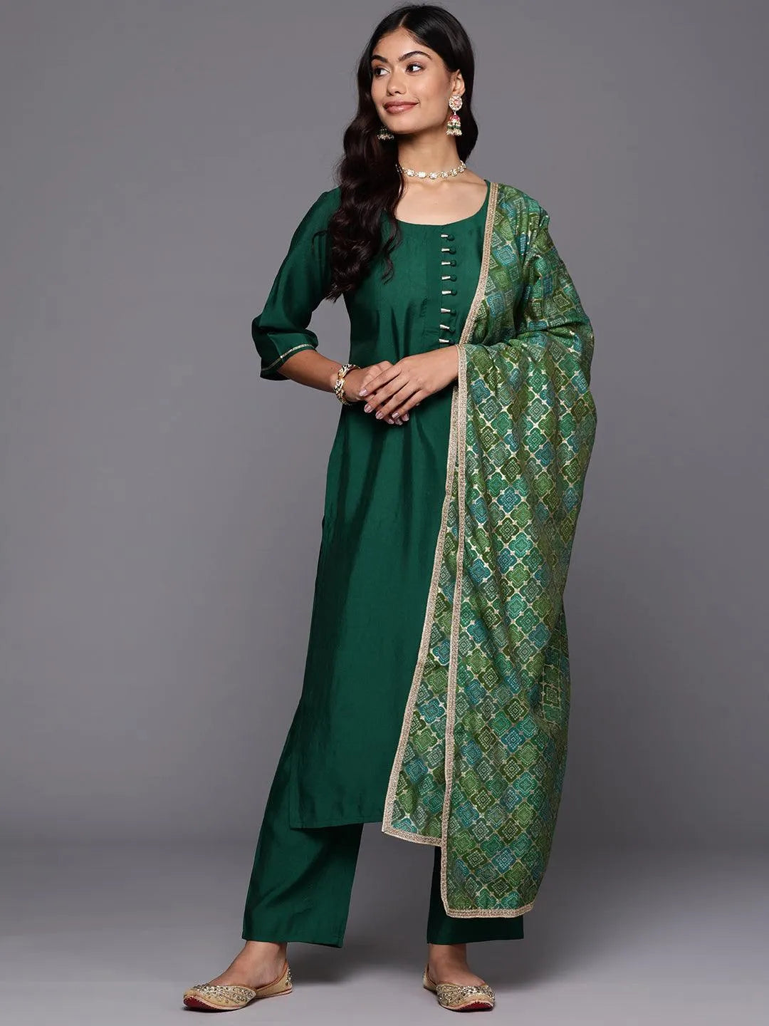 Green Printed Silk Blend Straight Kurta With Dupatta