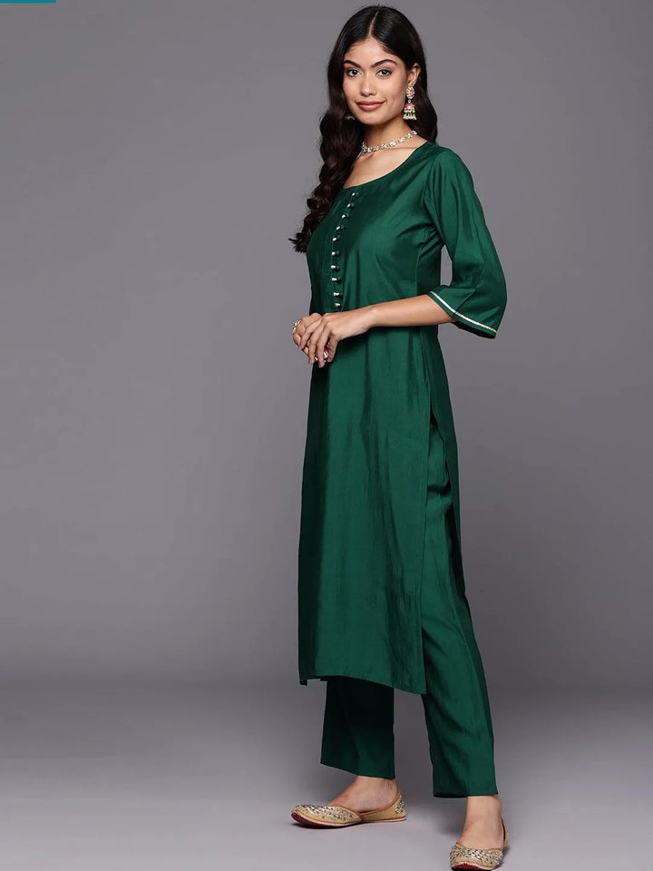 Green Solid Silk Blend Straight Kurta With Trousers & Dupatta - Libas