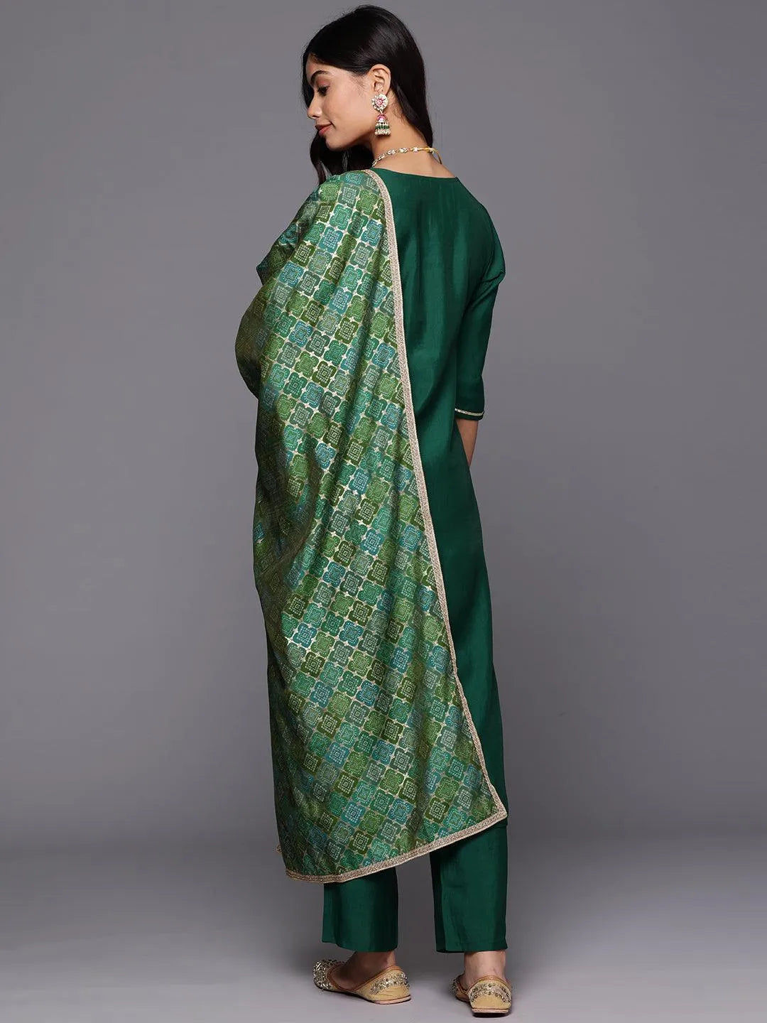 Green Solid Silk Blend Straight Kurta With Trousers & Dupatta - Libas