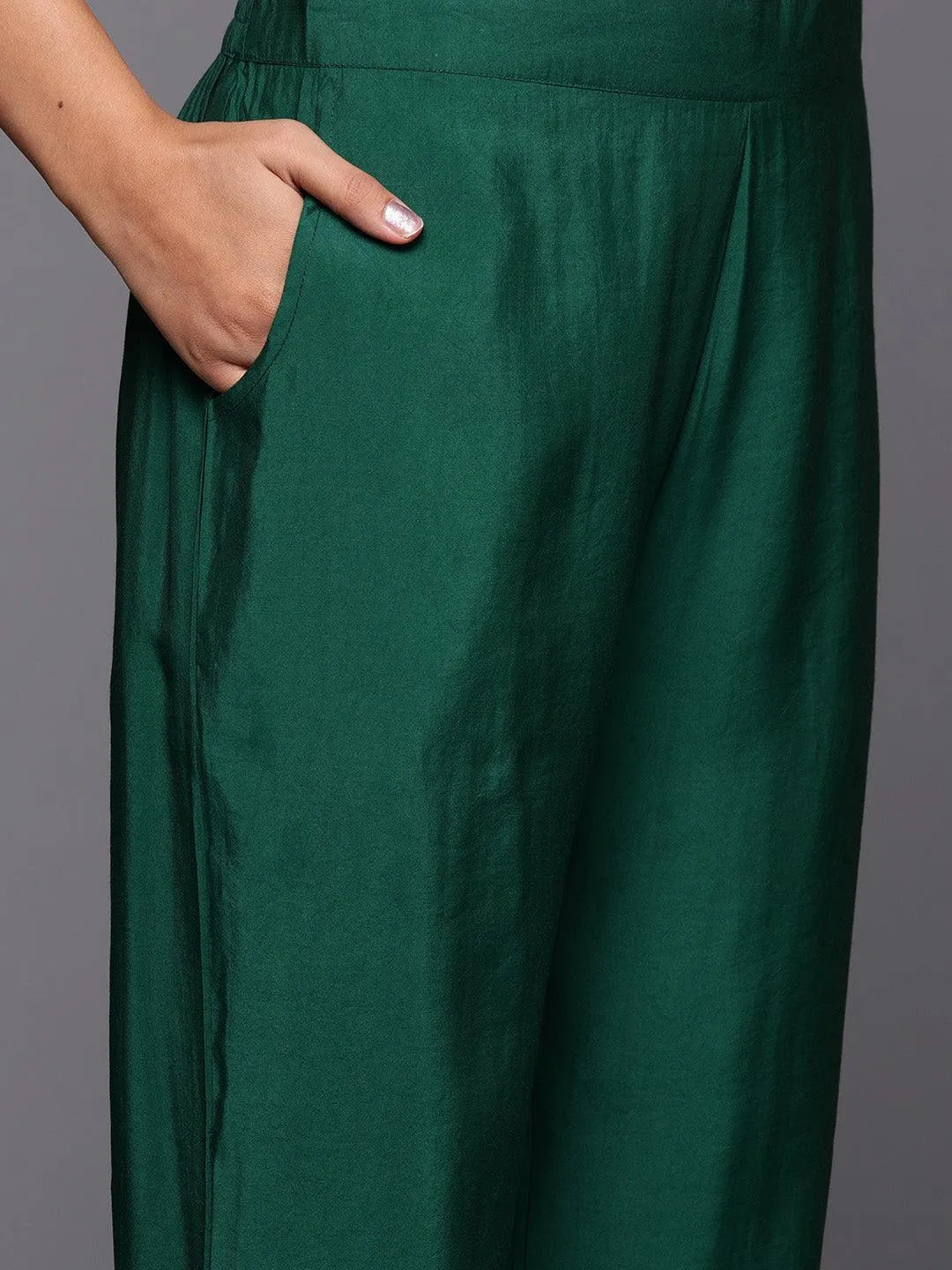 Green Solid Silk Blend Straight Kurta With Trousers & Dupatta - Libas 
