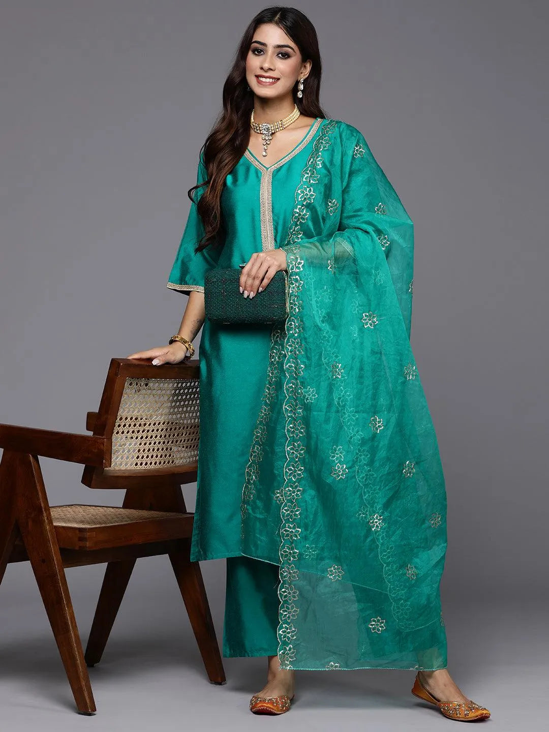 Green Solid Silk Blend Straight Kurta With Trousers & Dupatta - Libas 