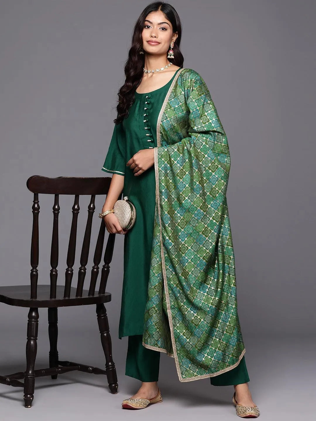 Green Solid Silk Blend Straight Kurta With Trousers & Dupatta - Libas 