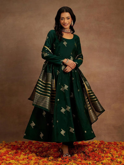 Green Woven Design Chanderi Silk Anarkali Kurta With Palazzos & Dupatta - Libas