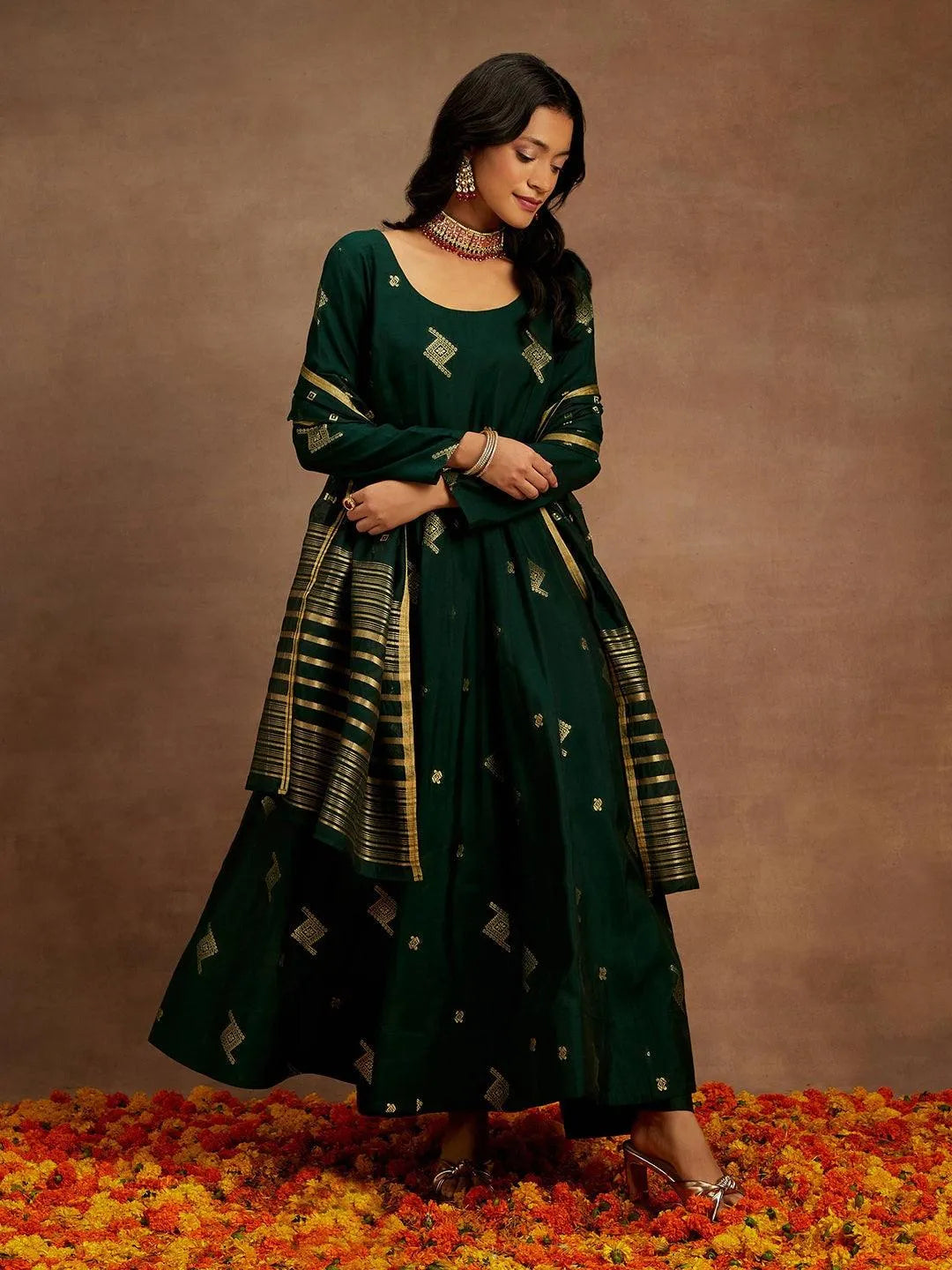 Green Woven Design Chanderi Silk Anarkali Kurta With Palazzos & Dupatta - Libas 