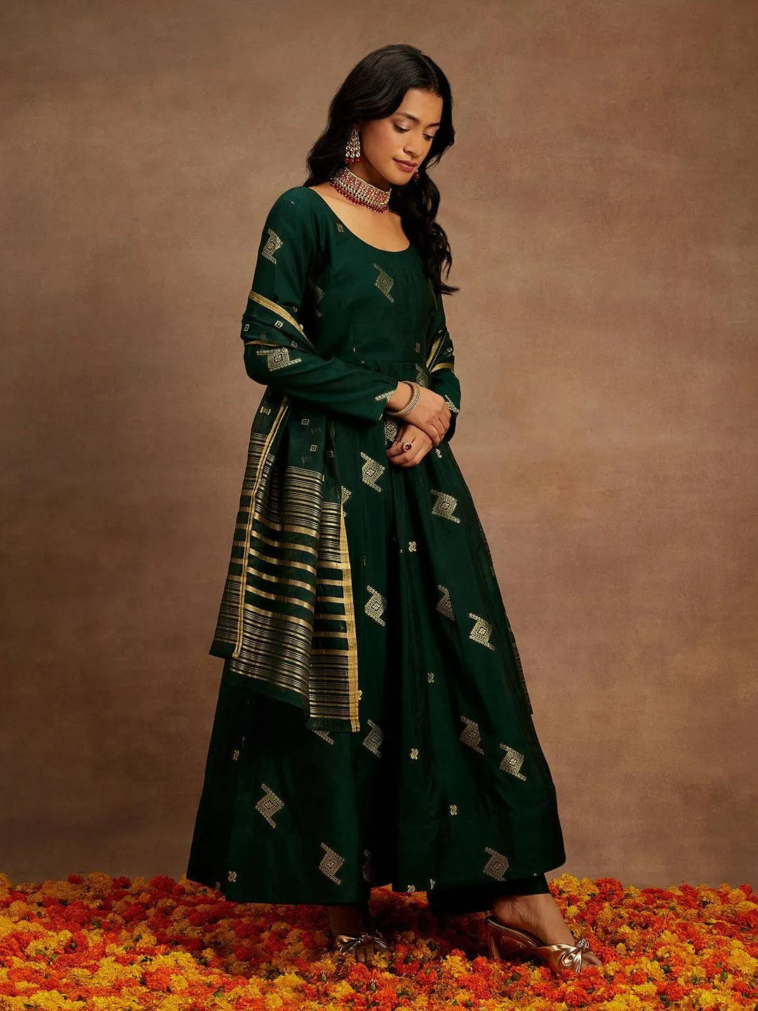 Green Woven Design Chanderi Silk Anarkali Kurta With Palazzos & Dupatta - Libas 