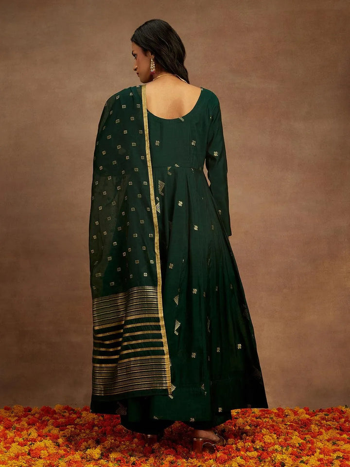 Green Woven Design Chanderi Silk Anarkali Kurta With Palazzos & Dupatta - Libas