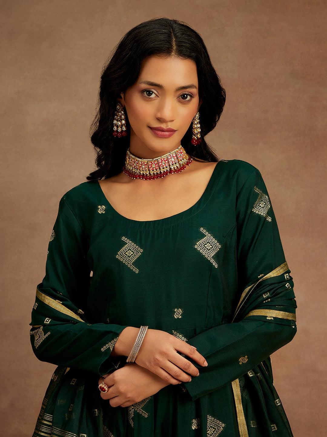 Green Woven Design Chanderi Silk Anarkali Suit With Dupatta
