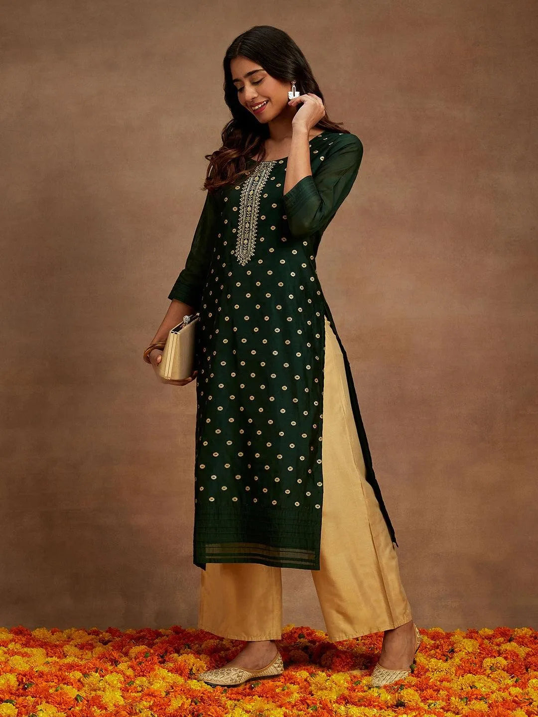 Green Woven Design Chanderi Silk Straight Kurta - Libas 