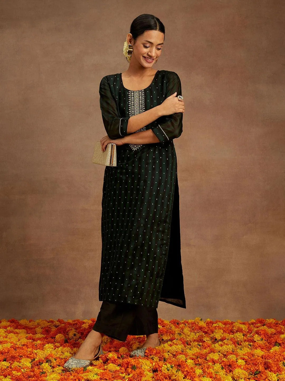 Green Woven Design Chanderi Silk Straight Kurta - Libas 