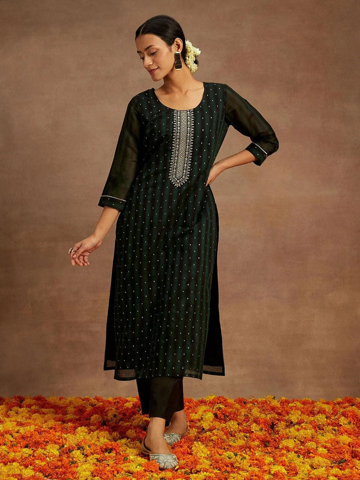 Green Woven Design Chanderi Silk Straight Kurta - Libas