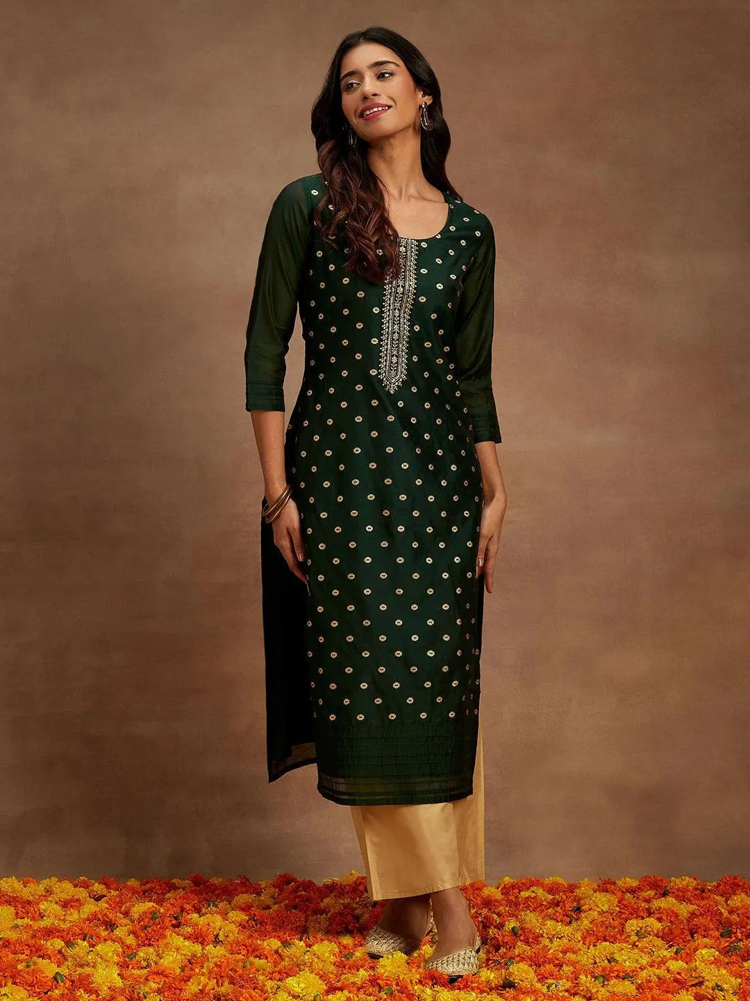 Green Woven Design Chanderi Silk Straight Kurta - Libas 