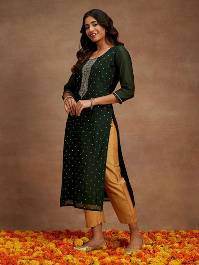 Green Woven Design Chanderi Silk Straight Kurta - Libas