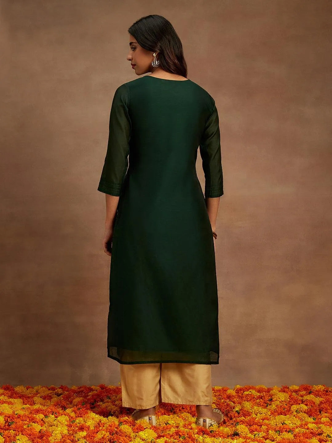 Green Woven Design Chanderi Silk Straight Kurta - Libas 