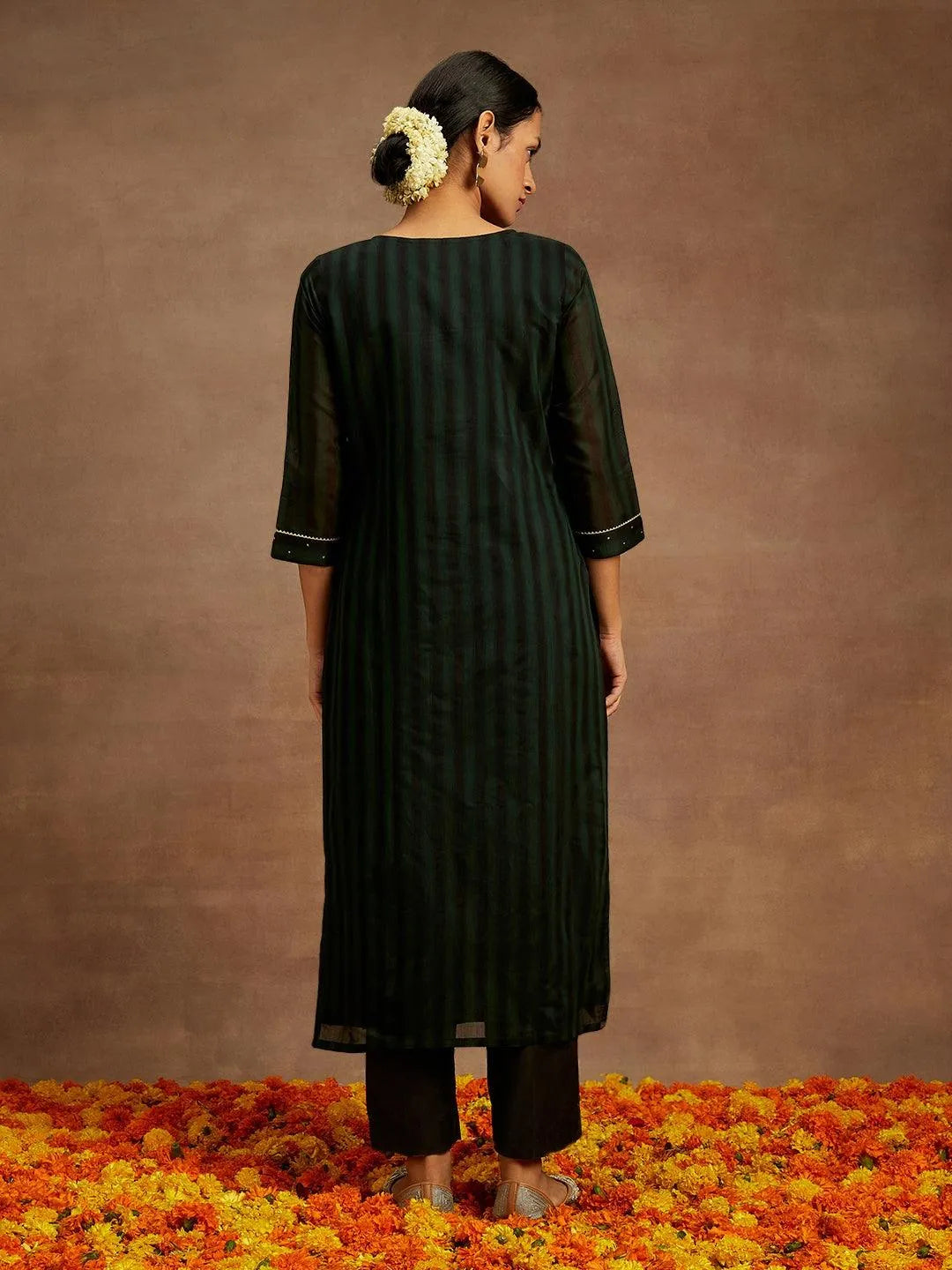 Green Woven Design Chanderi Silk Straight Kurta - Libas 