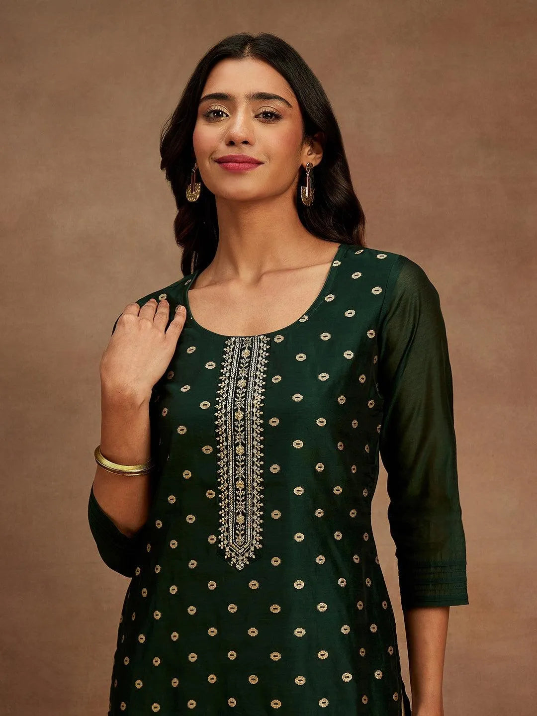Green Woven Design Chanderi Silk Straight Kurta - Libas 