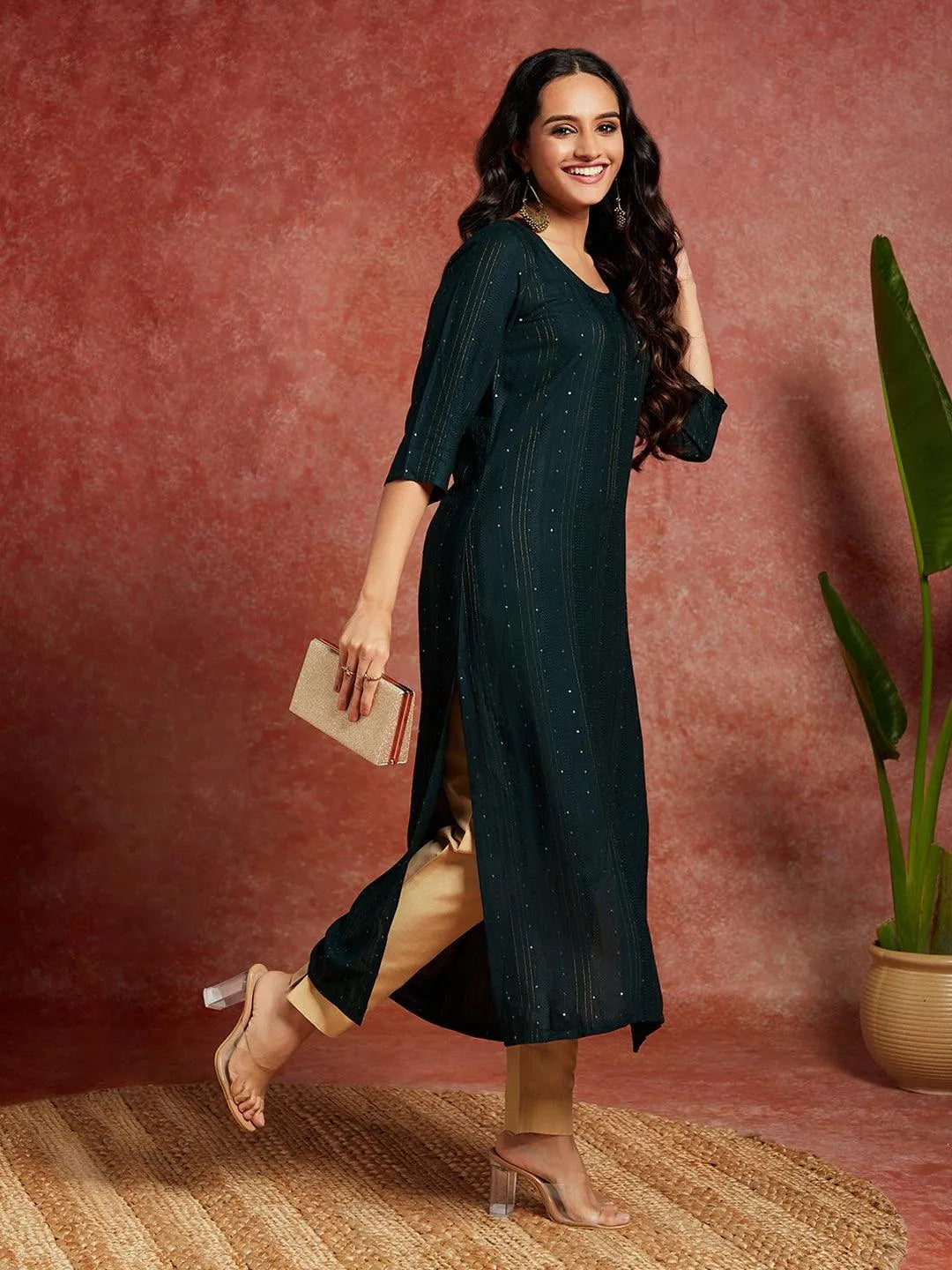 Green Woven Design Rayon Straight Kurta - Libas