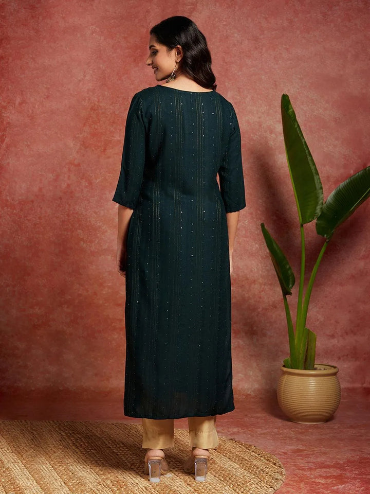 Green Woven Design Rayon Straight Kurta - Libas