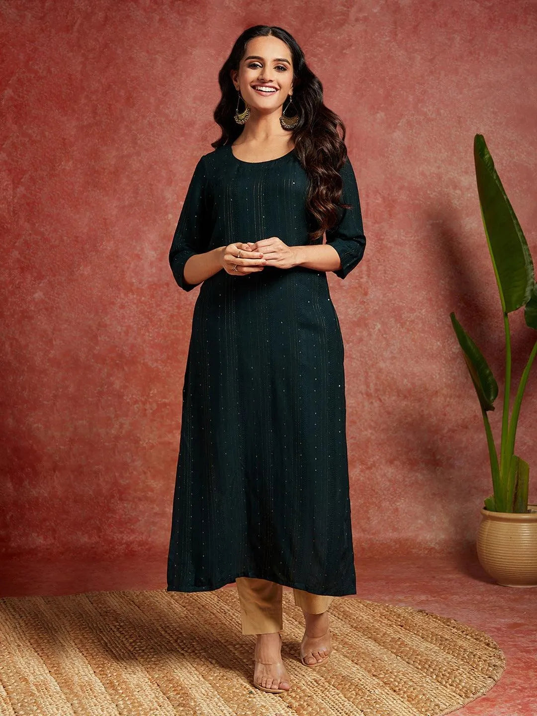 Green Woven Design Rayon Straight Kurta - Libas 