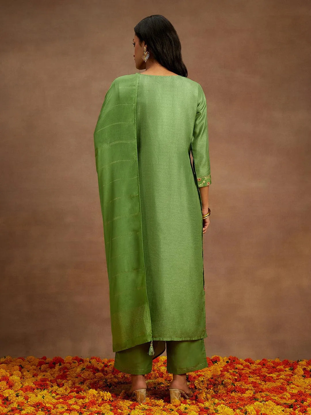 Green Woven Design Silk Blend Straight Kurta With Trousers & Dupatta - Libas 