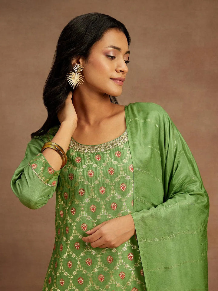 Green Woven Design Silk Blend Straight Kurta With Trousers & Dupatta - Libas