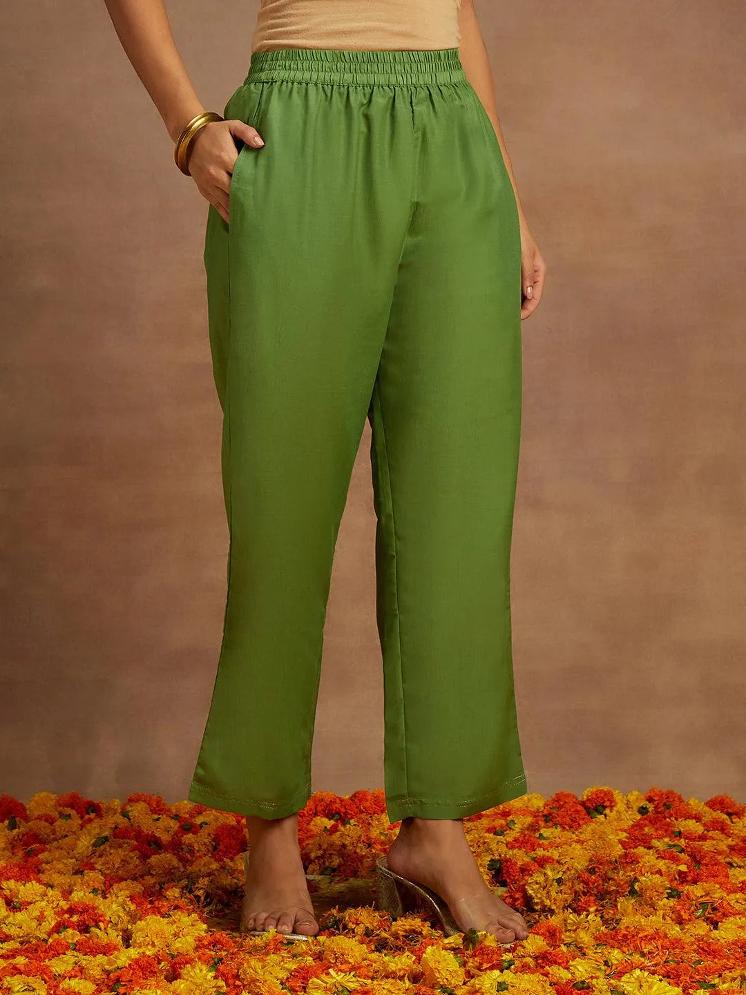 Green Woven Design Silk Blend Straight Kurta With Trousers & Dupatta - Libas 