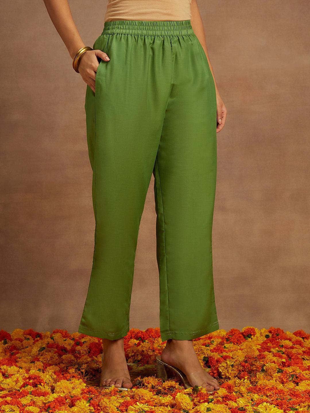 Green Woven Design Silk Blend Straight Kurta With Trousers & Dupatta - Libas