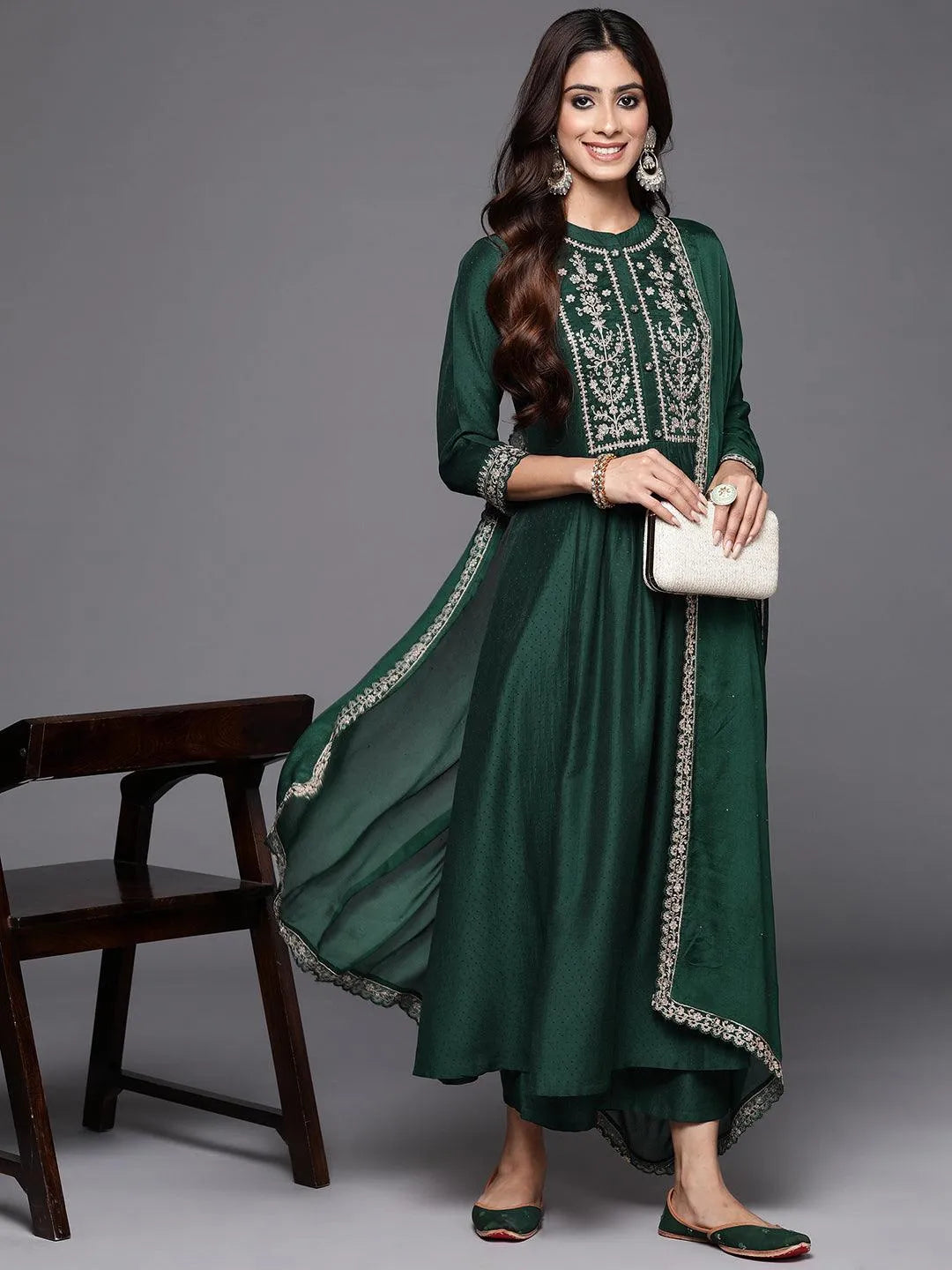 Green Yoke Design Silk Blend Anarkali Kurta With Palazzos & Dupatta - Libas 