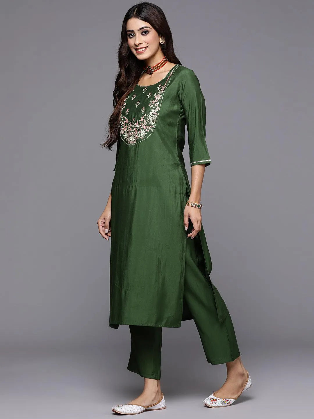 Green Yoke Design Silk Blend Straight Kurta With Trousers & Dupatta - Libas 