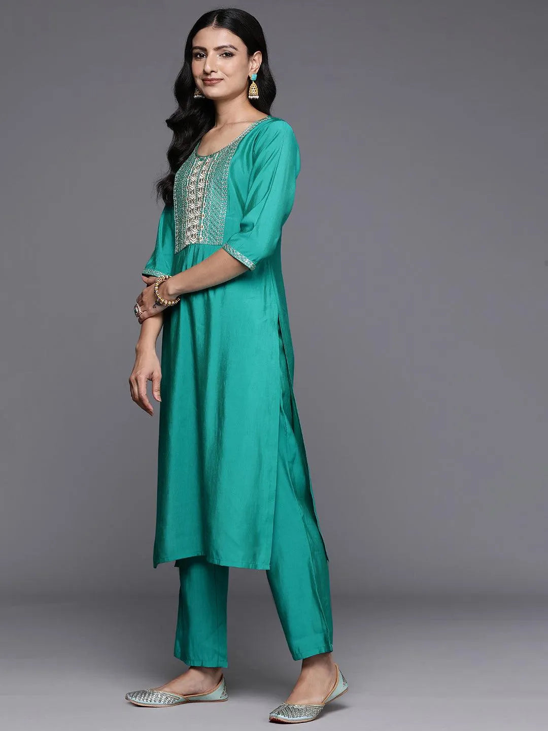 Green Yoke Design Silk Blend Straight Kurta With Trousers & Dupatta - Libas