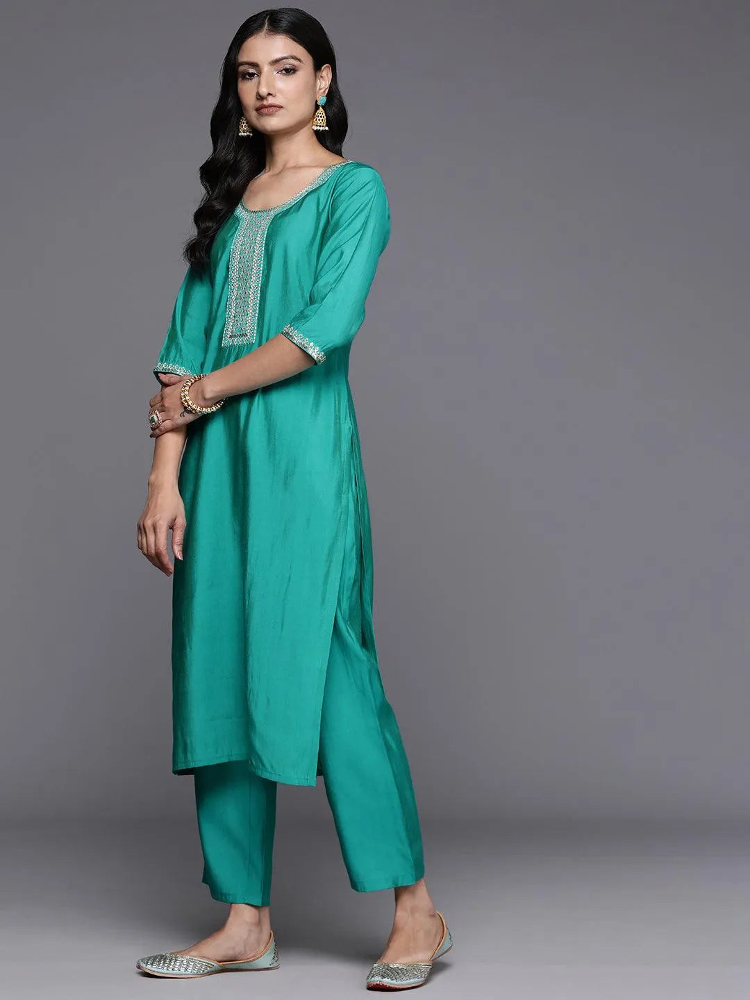 Green Yoke Design Silk Blend Straight Kurta With Trousers & Dupatta - Libas