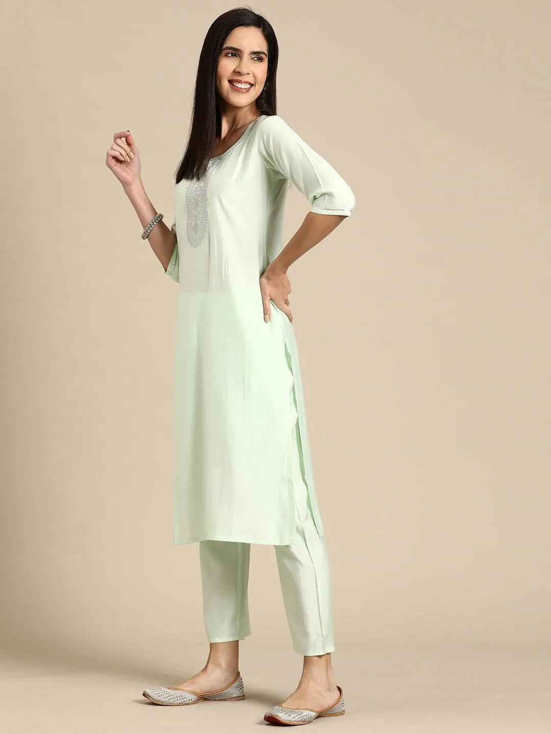 Green Yoke Design Silk Blend Straight Kurta With Trousers & Dupatta - Libas 