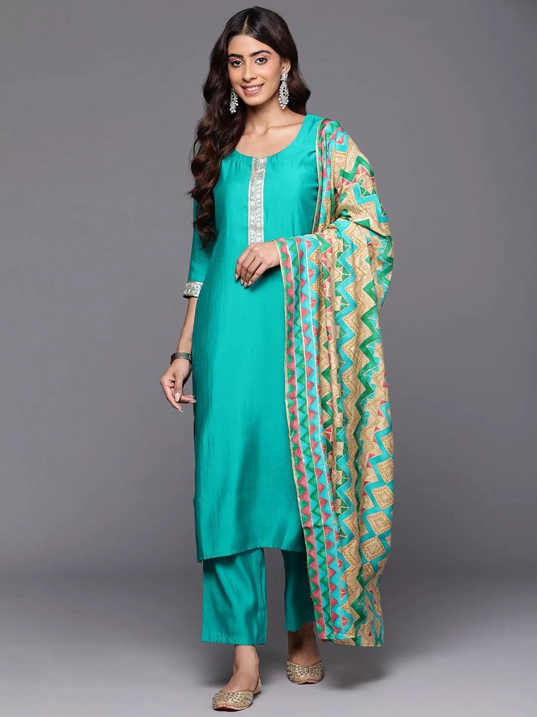 Green Yoke Design Silk Blend Straight Kurta With Trousers & Dupatta - Libas 