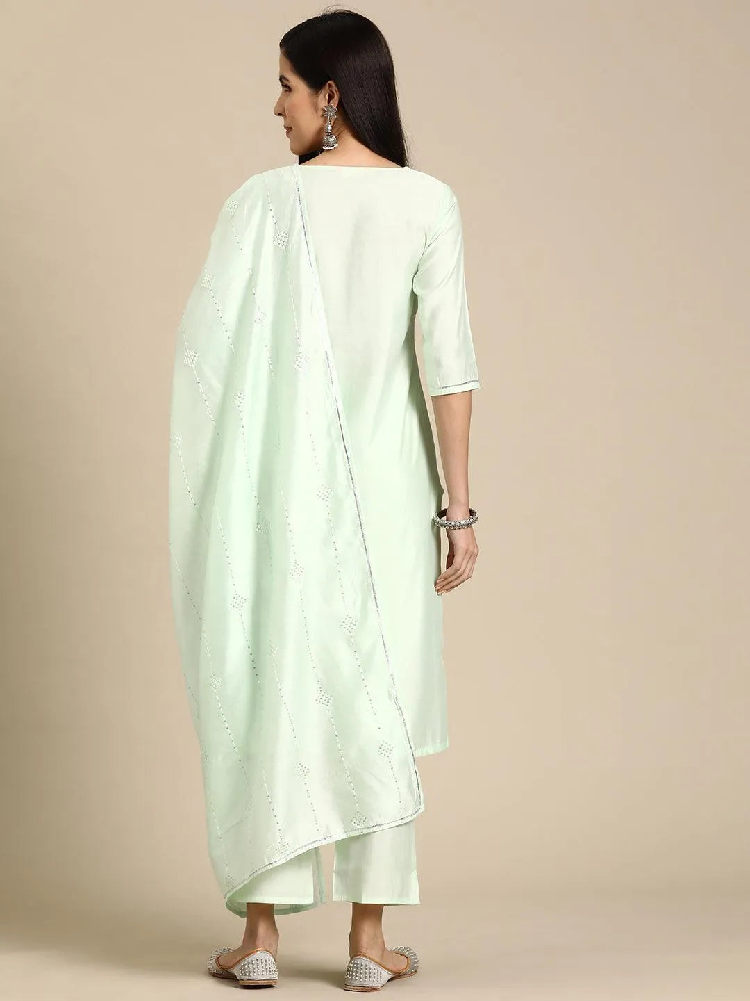 Green Yoke Design Silk Blend Straight Kurta With Trousers & Dupatta - Libas 