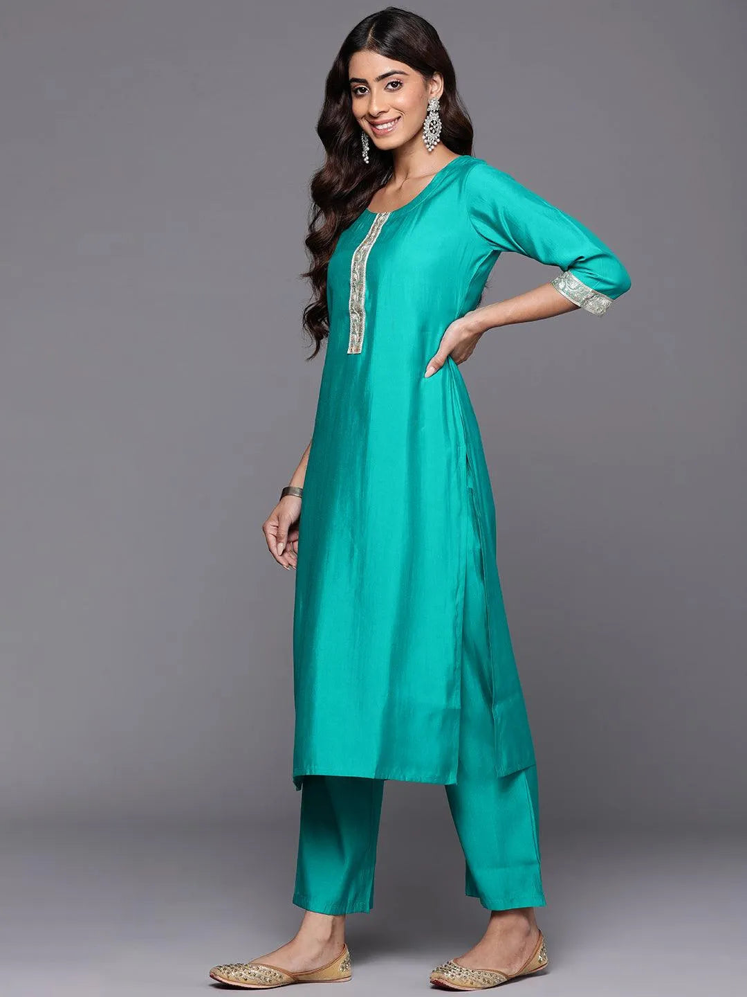 Green Yoke Design Silk Blend Straight Kurta With Trousers & Dupatta - Libas 