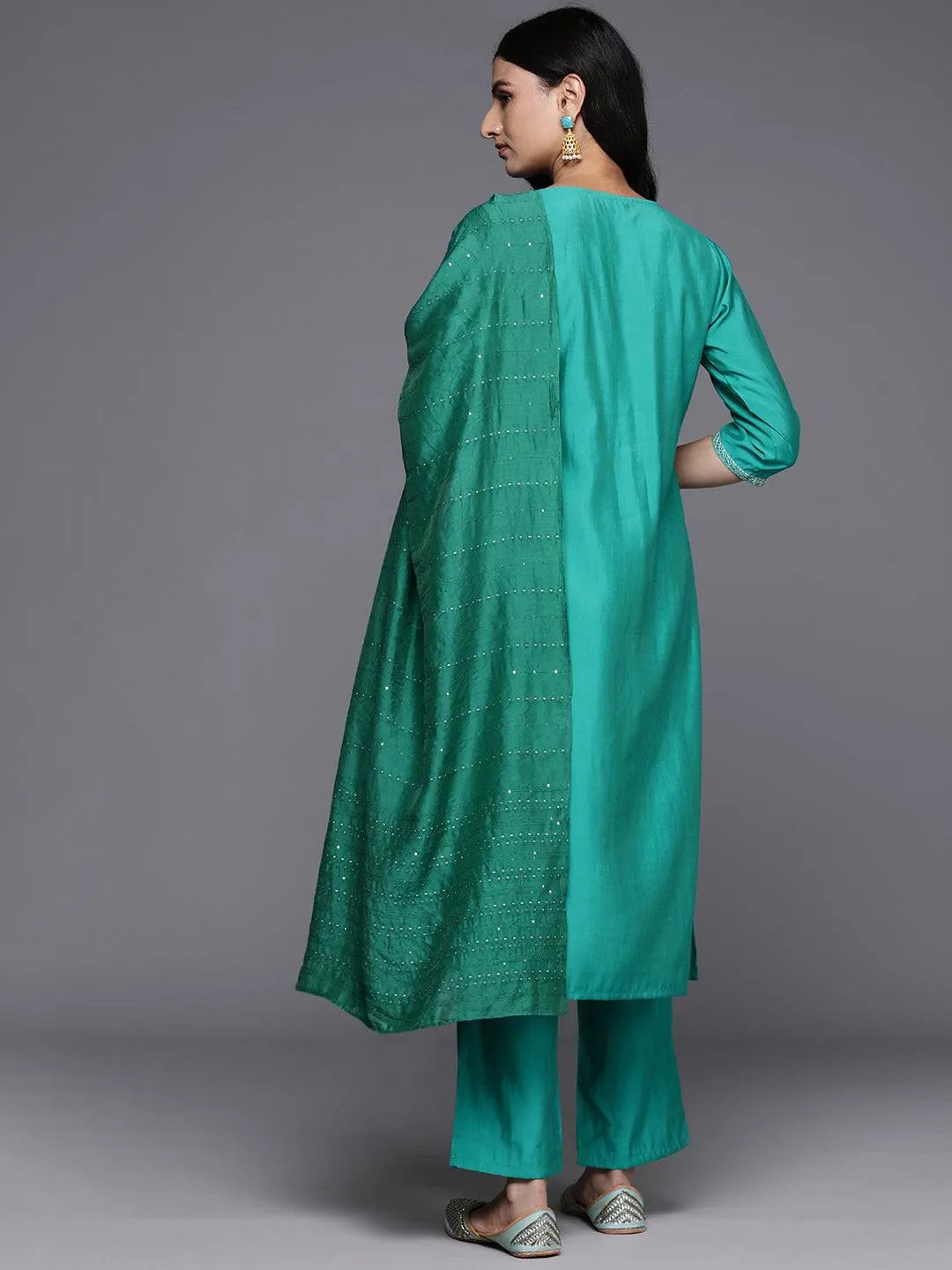 Green Yoke Design Silk Blend Straight Kurta With Trousers & Dupatta - Libas