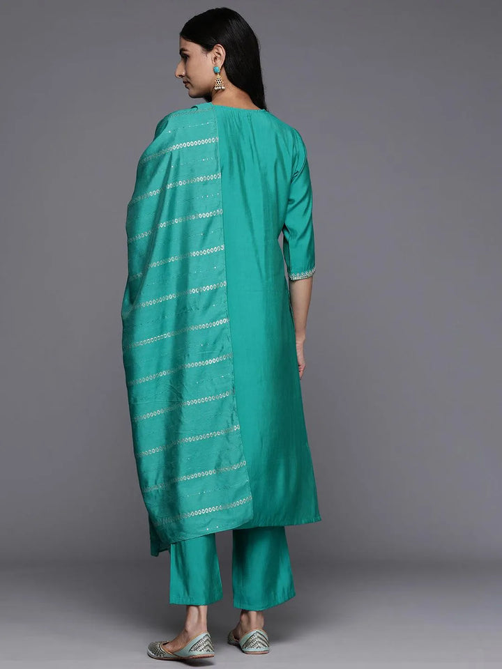 Green Yoke Design Silk Blend Straight Kurta With Trousers & Dupatta - Libas