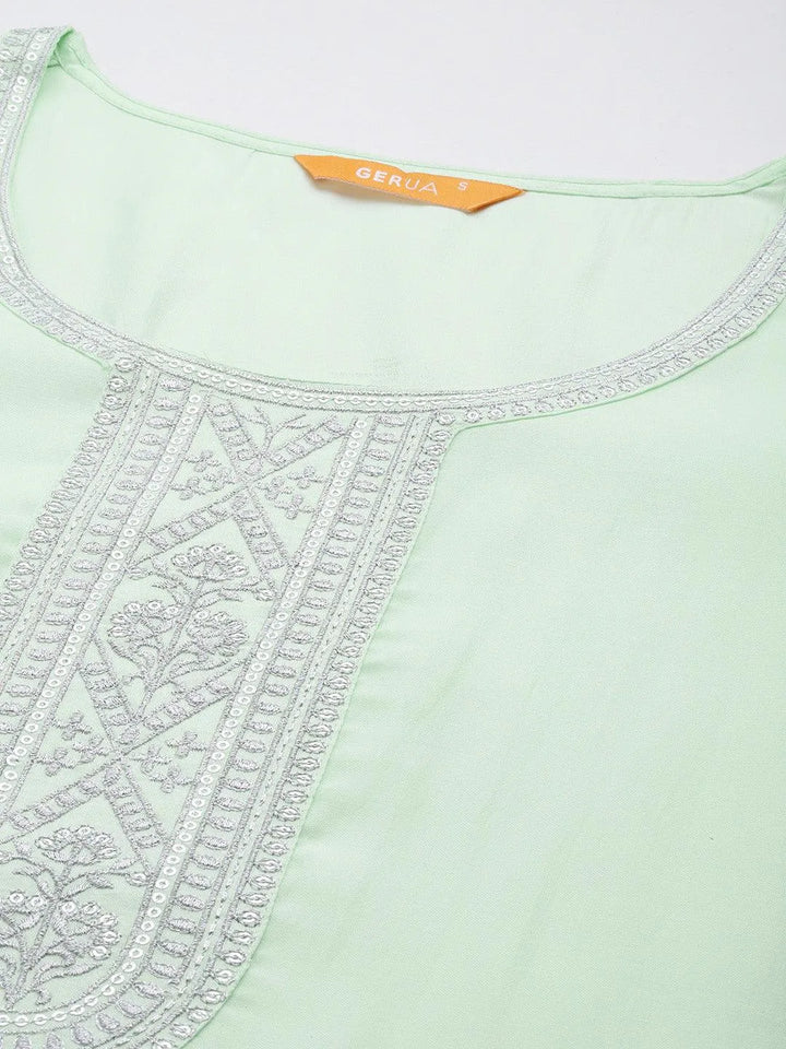 Green Yoke Design Silk Blend Straight Kurta With Trousers & Dupatta - Libas