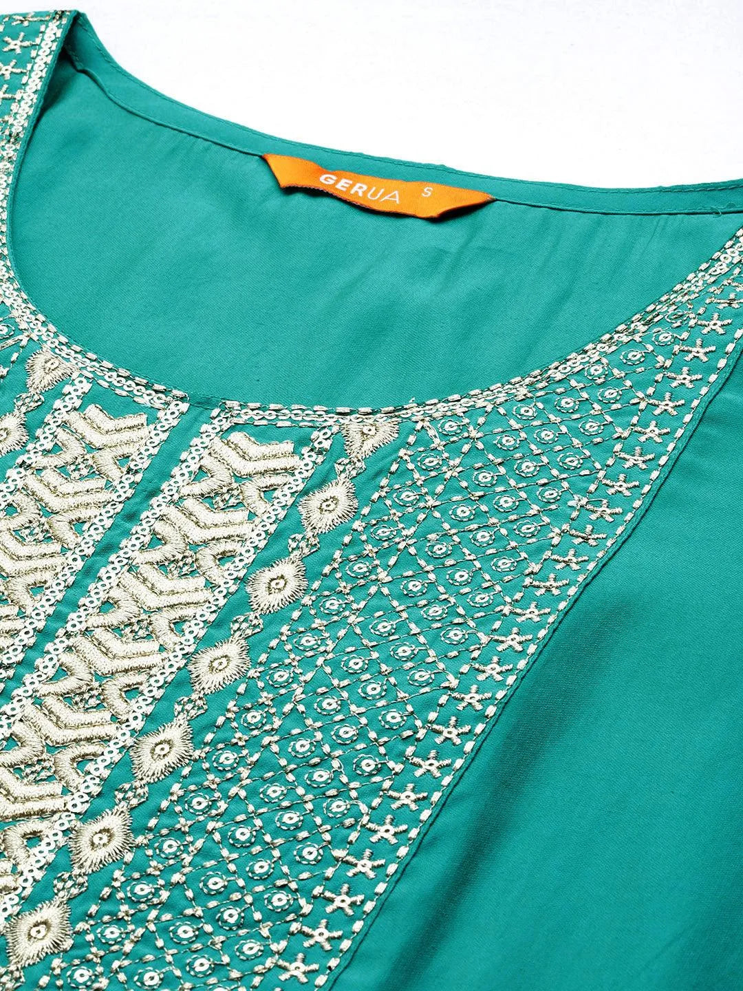 Green Yoke Design Silk Blend Straight Kurta With Trousers & Dupatta - Libas 