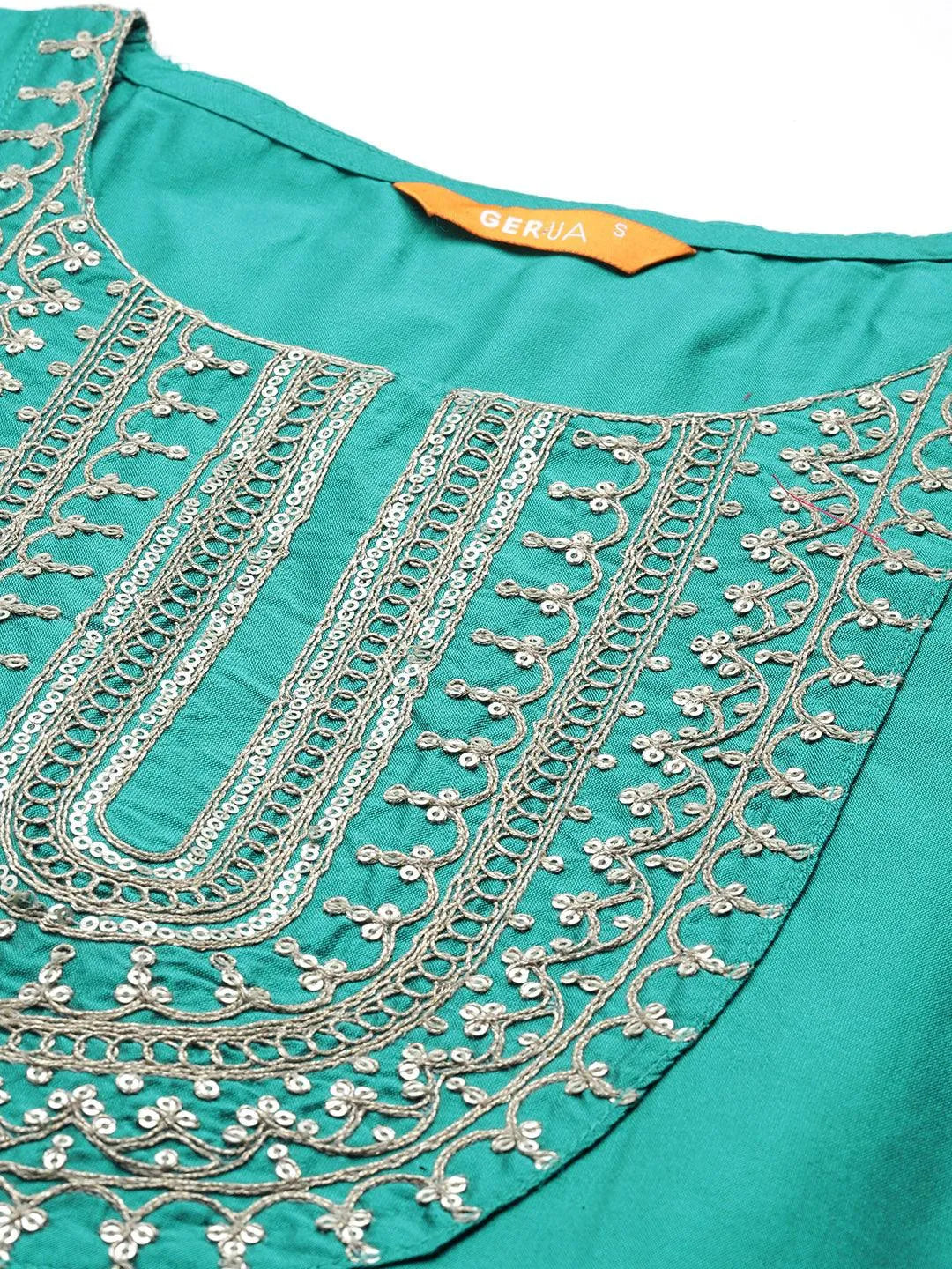 Green Yoke Design Silk Blend Straight Kurta With Trousers & Dupatta - Libas 