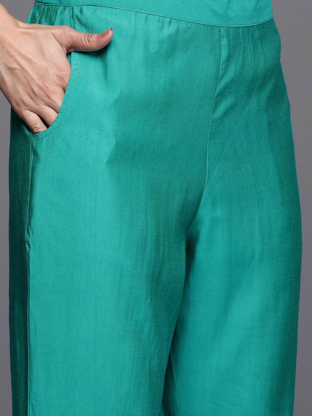 Green Yoke Design Silk Blend Straight Kurta With Trousers & Dupatta - Libas 