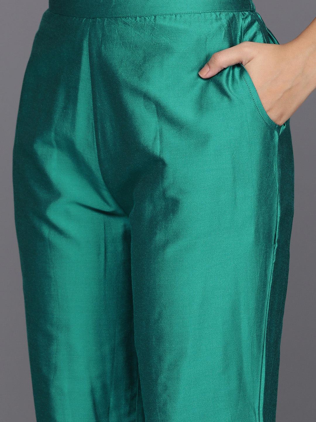 Green Yoke Design Silk Blend Straight Kurta With Trousers & Dupatta - Libas