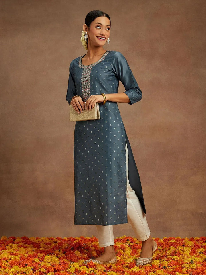 Grey Embroidered Chanderi Silk Straight Kurta - Libas